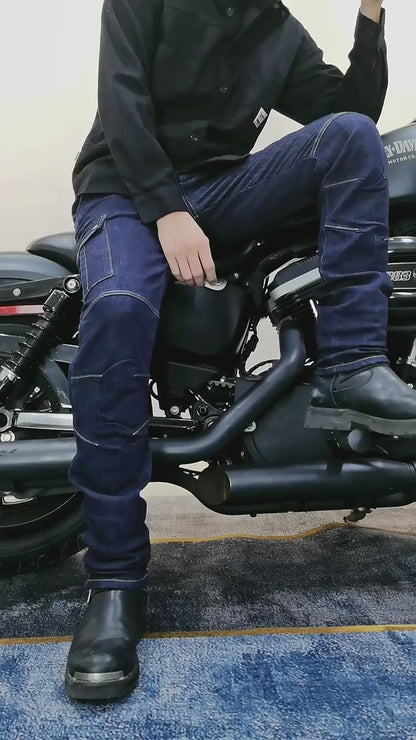 Men’s High-Stretch Motocross Cargo Jeans with Detachable Black Silicone Knee & Hip Protectors