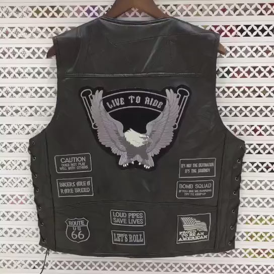 Men's Leather Motorcycle Vest with Custom Patches