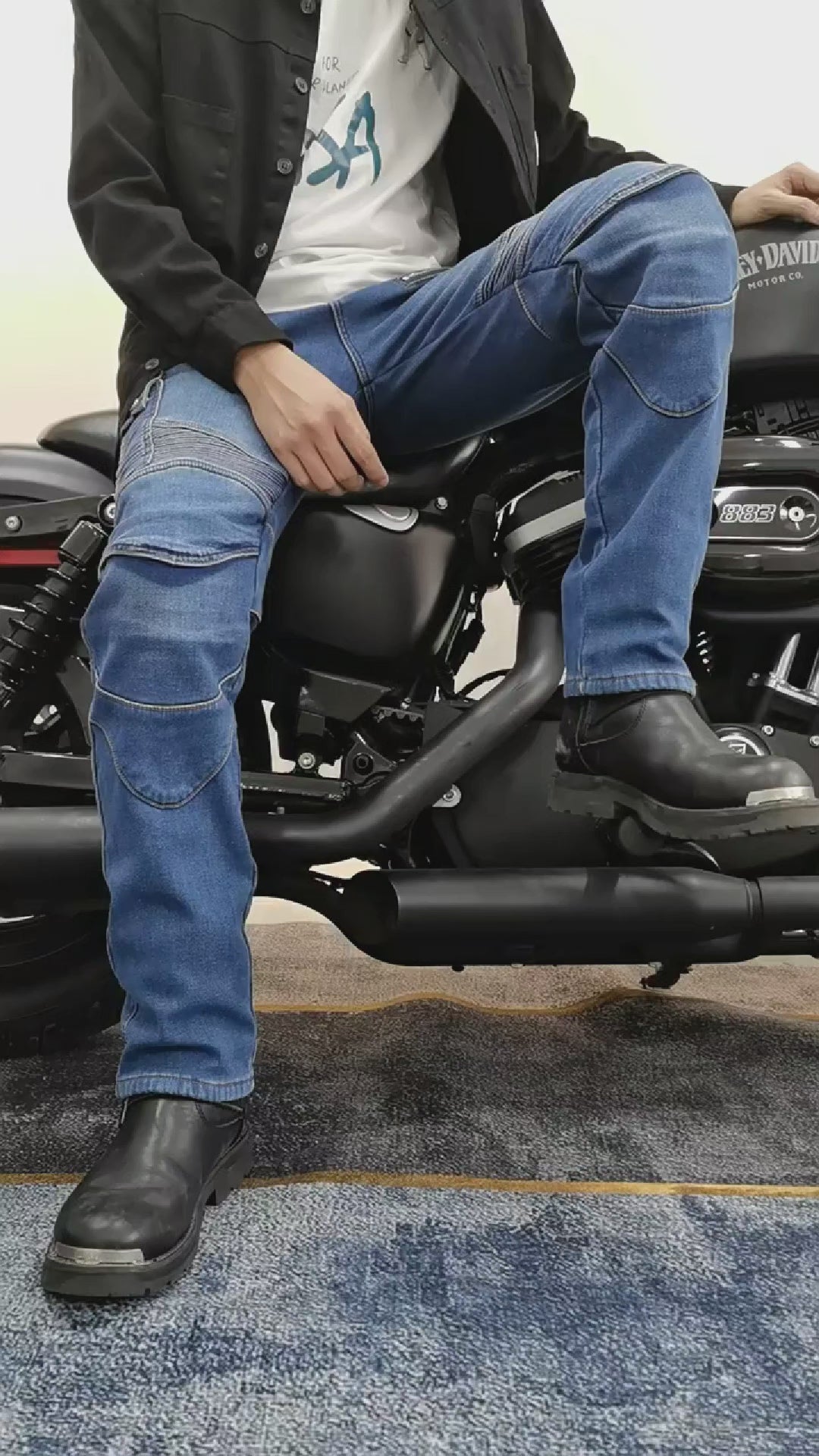 Men’s Slim-Fit Winter Motorcycle Jeans with Fleece Lining and Blue Silicone Knee & Hip Protectors