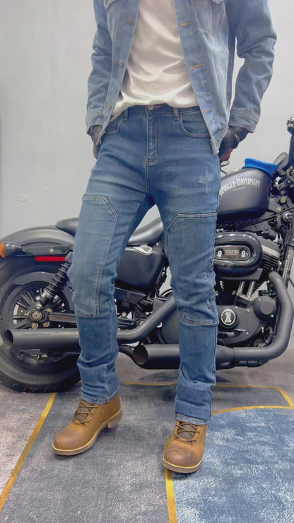 Affordable Men’s Denim Motorcycle Pants with Silicone Knee & Hip Protectors – Machine Washable & Comfort-Fit for Riding